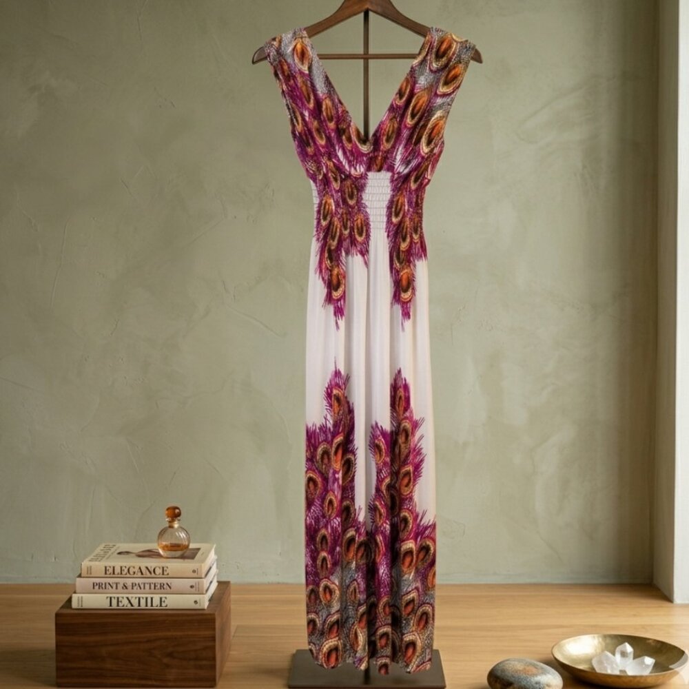 Nali Collection Peacock Feather Maxi Dress Boho V-Neck Smocked Waist Large NWT